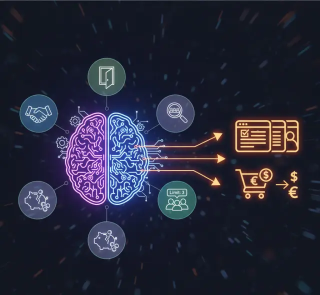 Ilustracja przedstawiająca mózg oraz ikony. Symbol wpływu psychologii na decyzje.