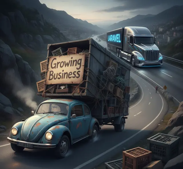Ilustracja przedstawiająca mały stary przeładowany samochód (wordpress) oraz specjalistyczną ciężarówkę (laravel)