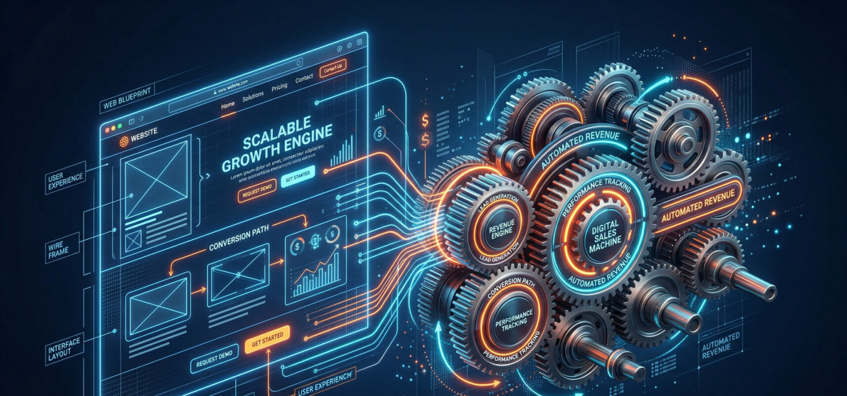 Ilustracja przedstawiająca stronę internetową jako mechanizm połączonych kół